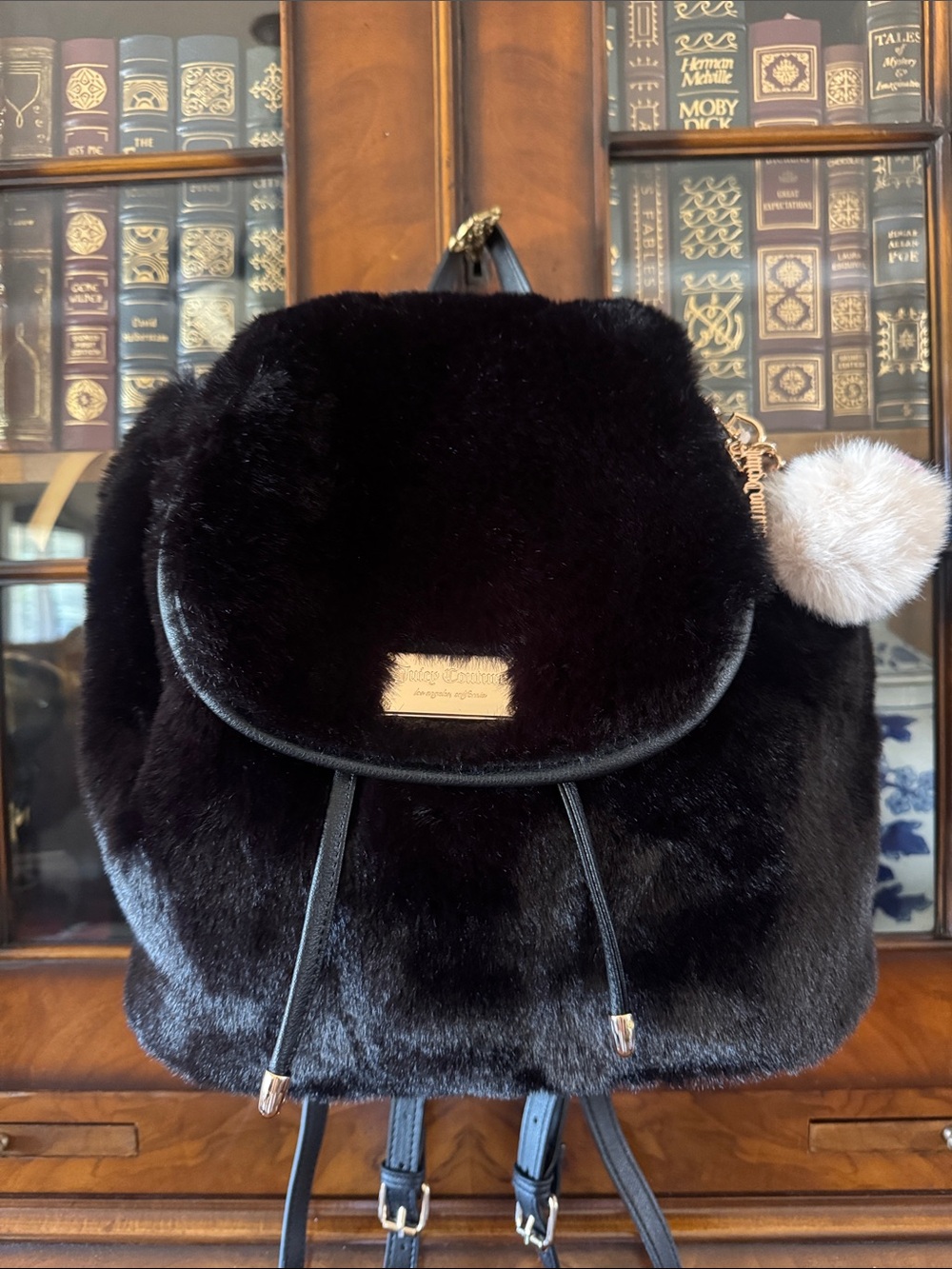 Juicy Couture Black Faux Fur Backpack with Cream Pom Charm